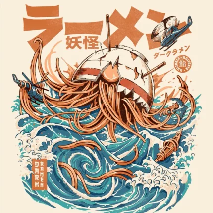 Giant ramen noodle sea monster rising from big blue waves with Japanese text on cream