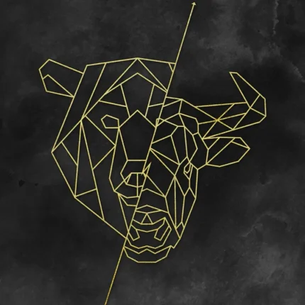 Gold geometric line art of a bear and bull head on a dark smoky black background