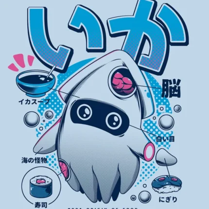 Cute blue squid with Japanese text, sushi, a bowl and bubbles on a light blue background
