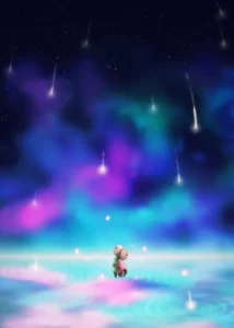 LumiPoster — Traveler under colorful meteors
