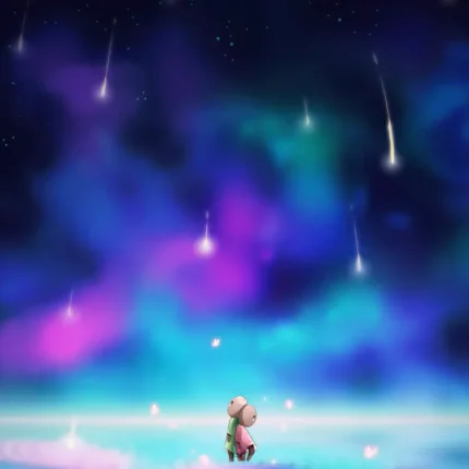 Two small figures under shooting stars and purple, blue and turquoise night clouds on a glowing shore
