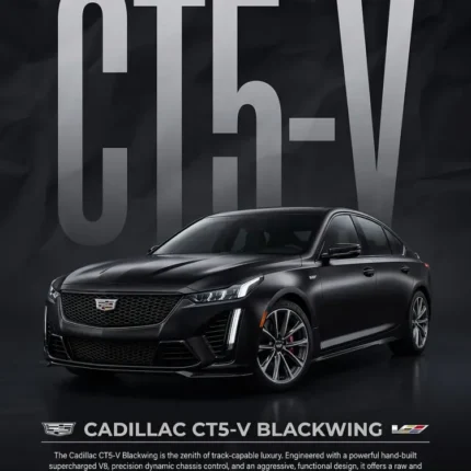 Black Cadillac CT5-V Blackwing sedan with large CT5-V title and specs on a dark poster