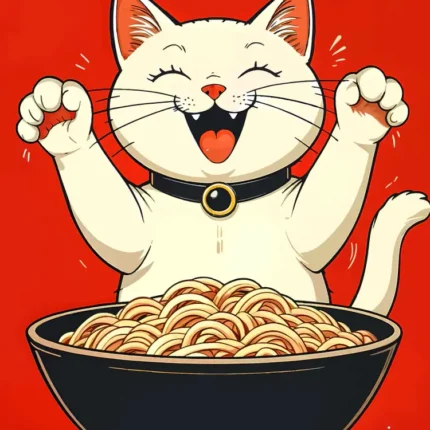 Happy white cat with raised paws behind a bowl of ramen on red