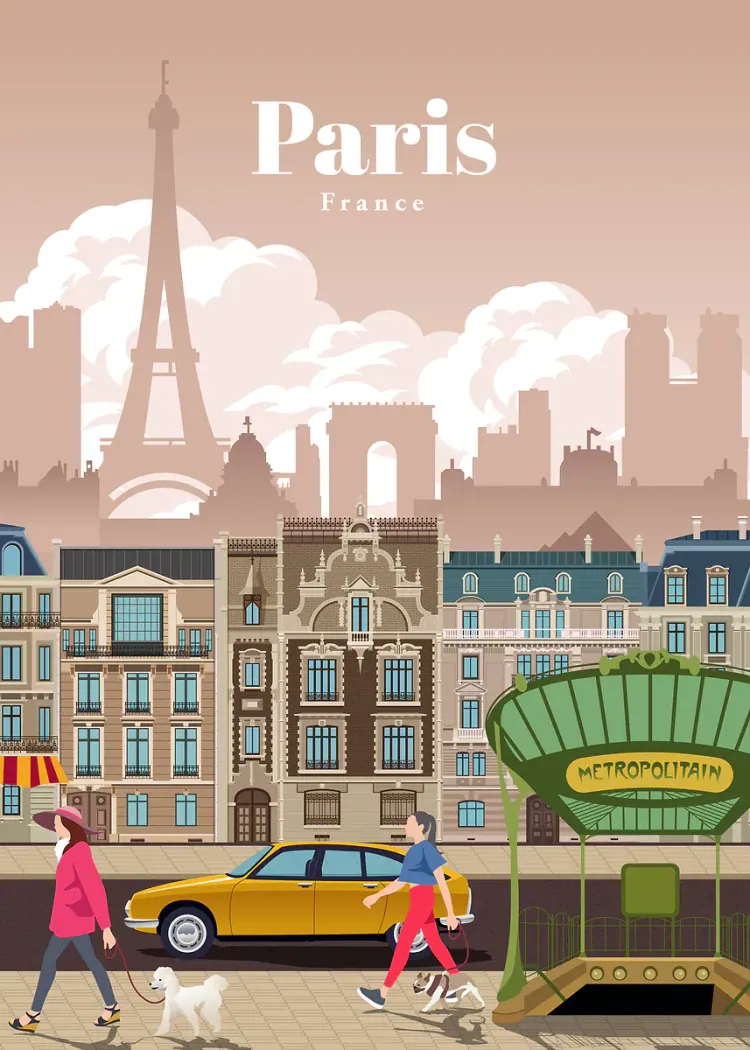Paris Retro Travel Poster with Eiffel Tower and Metro Retro Paris travel poster with Eiffel Tower, yellow car and metro entrance