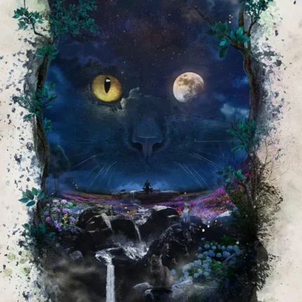 Black cat face with a yellow eye and full moon over a night sky and jungle waterfall