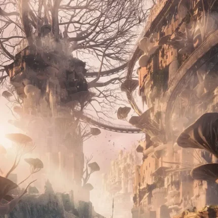 Fantasy city of towers inside giant bare trees linked by bridges in warm misty light