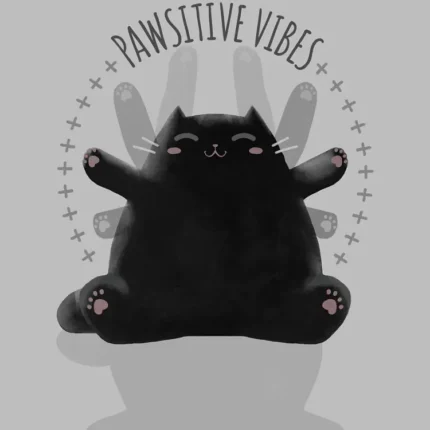Cute black cat with open arms inside a circle with the text Pawsitive Vibes on grey