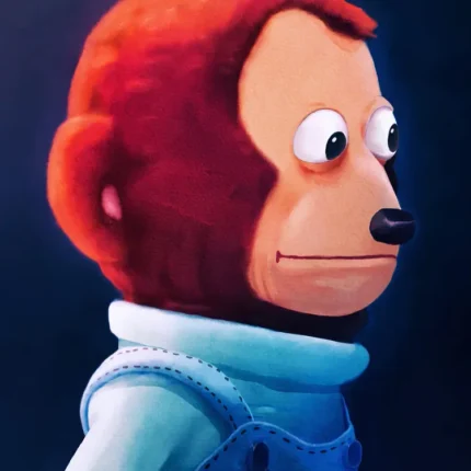 Red-brown puppet monkey in blue overalls looking sideways with an awkward expression