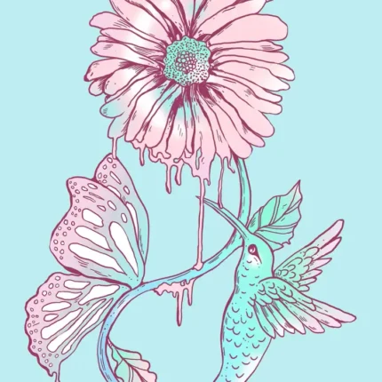 Pink daisy flower with a teal hummingbird and a pink butterfly on an aqua background
