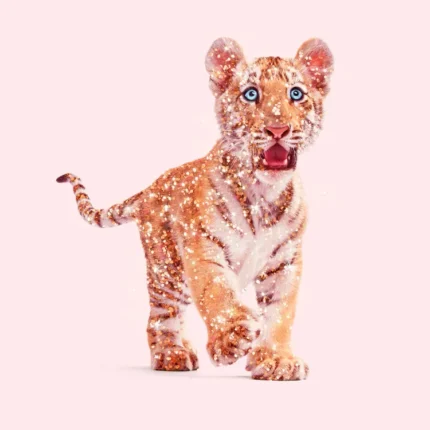 Young tiger cub with glittery floral fur on a pale pink background