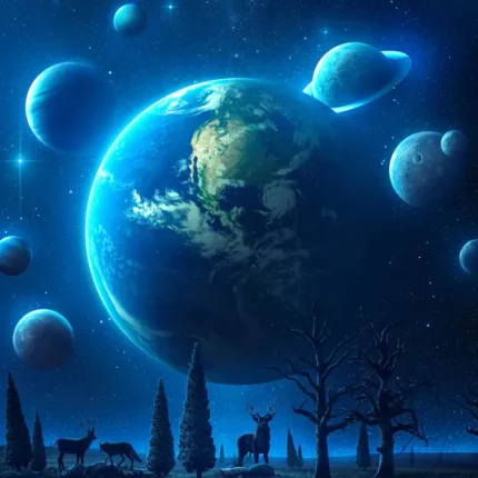 Large glowing blue planet and moons above a night meadow with deer and pine trees