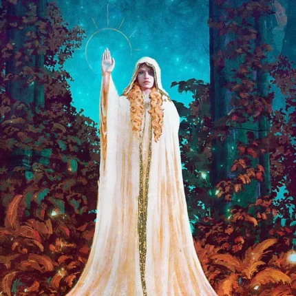 Figure in a long white and gold cloak with a raised hand among orange ferns in a twilight forest