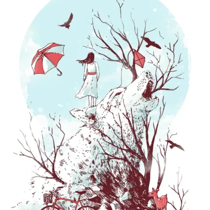Girl on a hill with a floating red umbrella, bicycle, birds and a small deer
