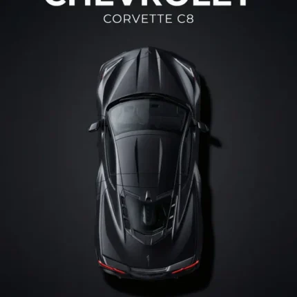 Top view of a black Chevrolet Corvette C8 on a dark background