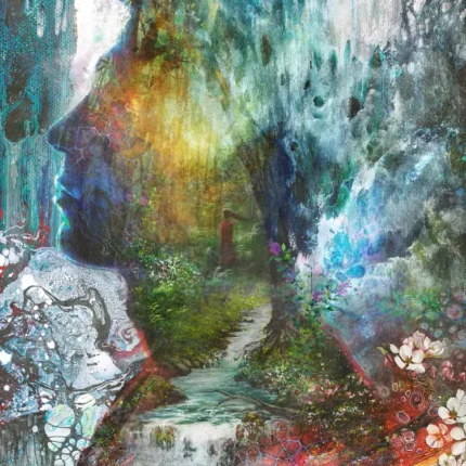 Watercolor face silhouette containing a forest path, stream and waterfall with pink blossoms
