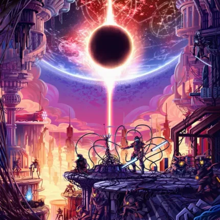 Sci-fi city beneath a glowing black hole eclipse with figures on a platform