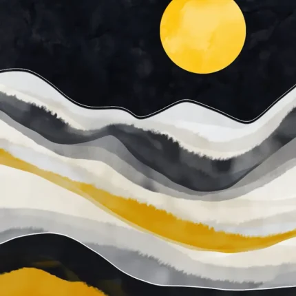 Golden moon over a black sky with wavy layers of white, gray and gold hills