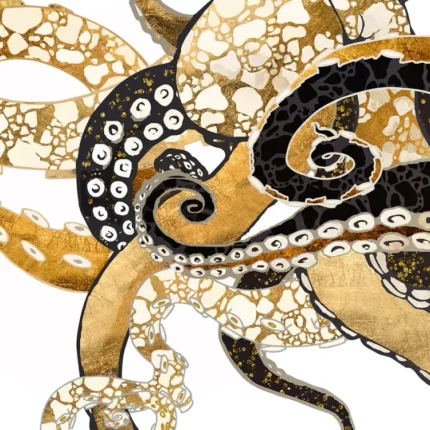 Octopus with swirling gold and black tentacles on a white background