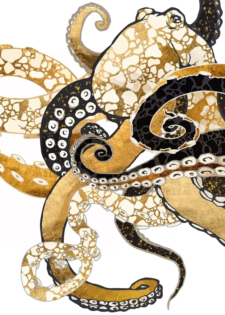 Golden and Black Octopus Tentacles Metallic Art Poster Octopus with swirling gold and black tentacles on a white background