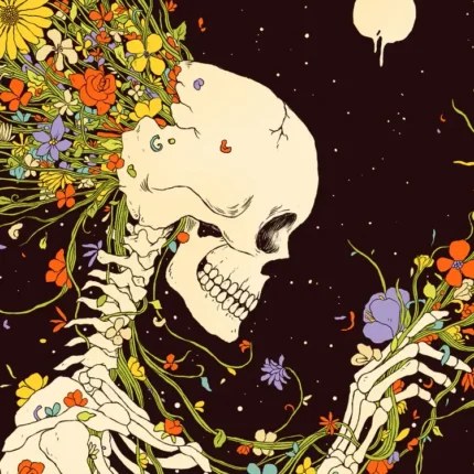 Skeleton with colorful wildflowers growing from its skull holding a bouquet under a pale moon