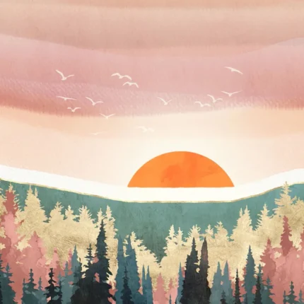 Orange sunset with birds over layered pink, gold and teal pine forest illustration