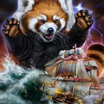 Giant red panda with raised paws looming over a sailing ship in stormy ocean waves
