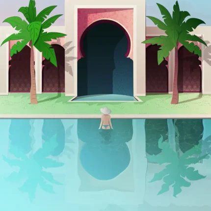 Turquoise pool reflecting a pink Moorish arch and two palm trees with a lone swimmer