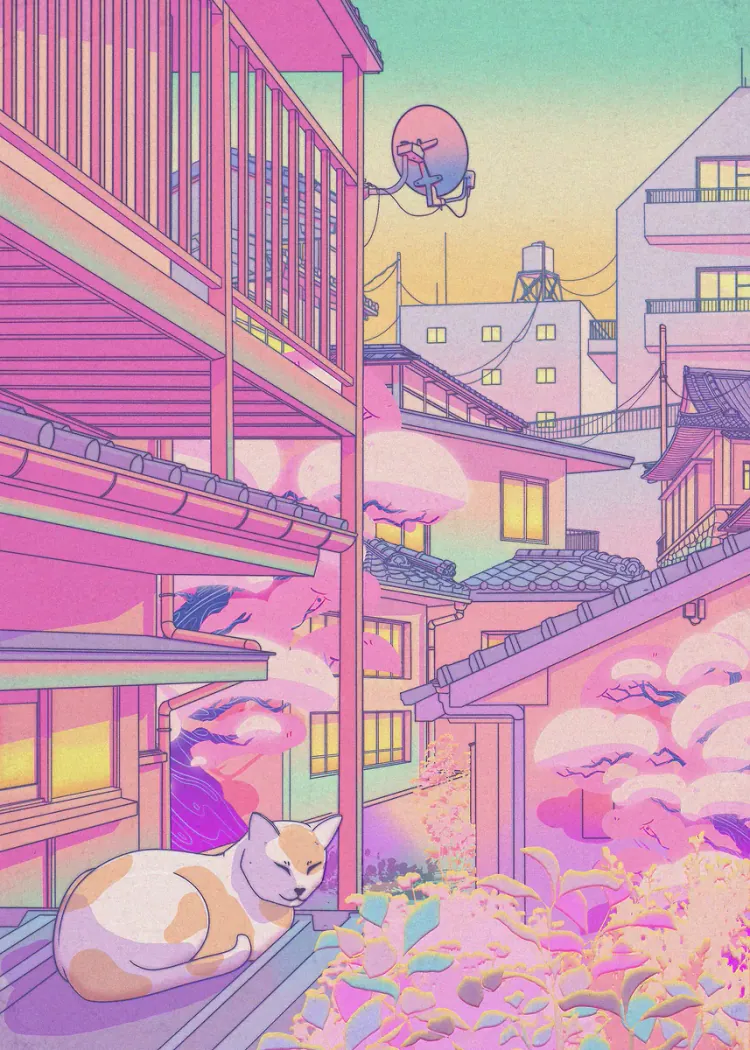 Pink Pastel Japanese City Street with Cat Lo-Fi Anime Poster Pastel pink Japanese-style street with houses, blossoms and a cat sleeping on a ledge