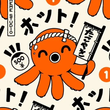 Smiling orange octopus with headband holding takoyaki signs on a cream pattern