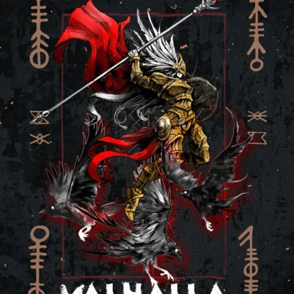 Armored warrior with red cape and spear above the text Valhalla Awaits