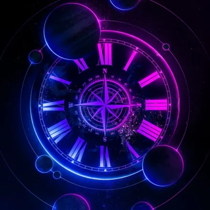 Glowing violet clock with Roman numerals and compass surrounded by planets in space