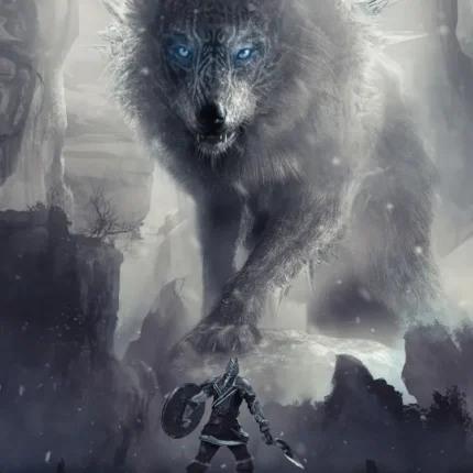 Warrior with a shield standing before a giant wolf with glowing blue eyes in mist