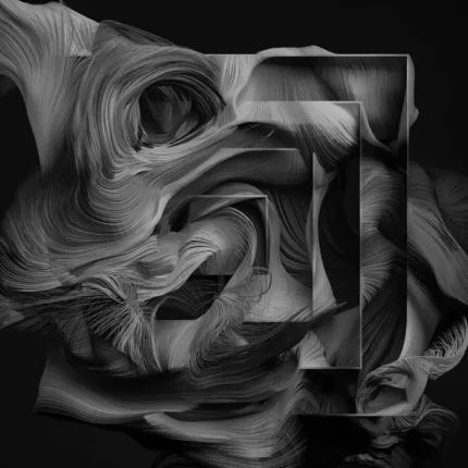 Dark abstract grey swirls layered with rectangular frames on black