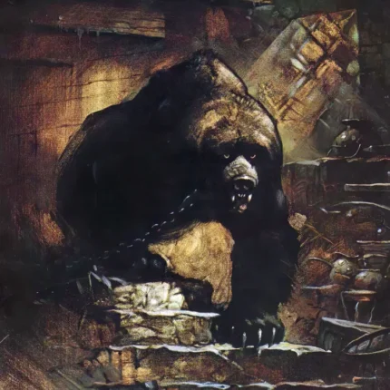 Large growling black bear coming down old stone stairs in a dim castle lit by warm light