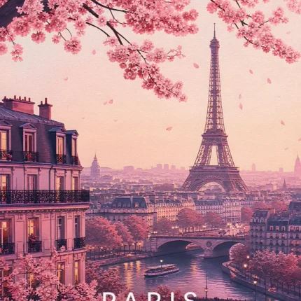 Eiffel Tower over Paris and the Seine framed by pink cherry blossoms with the word Paris