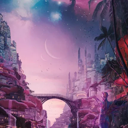 Purple fantasy city with a stone arch bridge, palm trees and a crescent moon in a starry sky