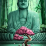 LumiPoster — Meditation statue — green forest
