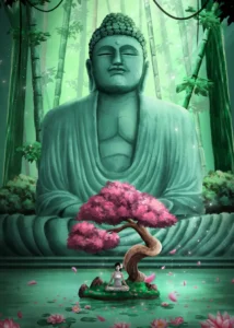 LumiPoster — Meditation statue — green forest