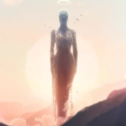 Translucent figure with a halo standing above clouds and mountains in front of a pale sun