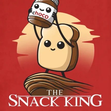 Cartoon toast holding a chocolate spread jar above the text The Snack King on red