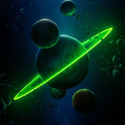 Dark planet with a neon green ring surrounded by small moons in space