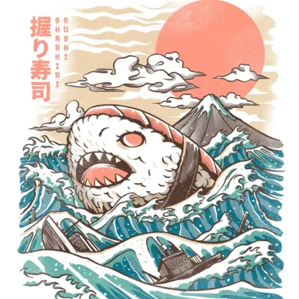 Shark-toothed nigiri sushi monster in great waves with Mount Fuji and a red sun