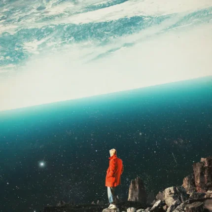 Person in an orange jacket on a rocky cliff beneath a large cloudy teal sky