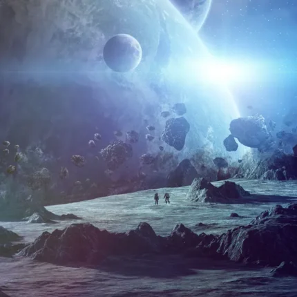 Rocky alien surface with two tiny explorers beneath a giant planet and asteroids