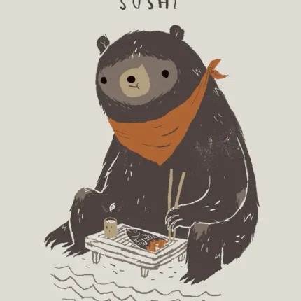 Bear in orange bandana sitting with a sushi tray above the text I love Sushi