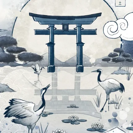 Blue illustration of a torii gate, moon and two cranes in a lotus pond