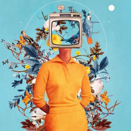 Woman in orange dress with a TV head among flowers and birds