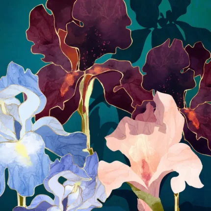 Burgundy, blue and peach iris flowers with gold outlines on a dark teal background
