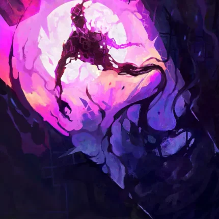 Dark warrior silhouette in front of a glowing pink moon in swirling purple and blue smoke