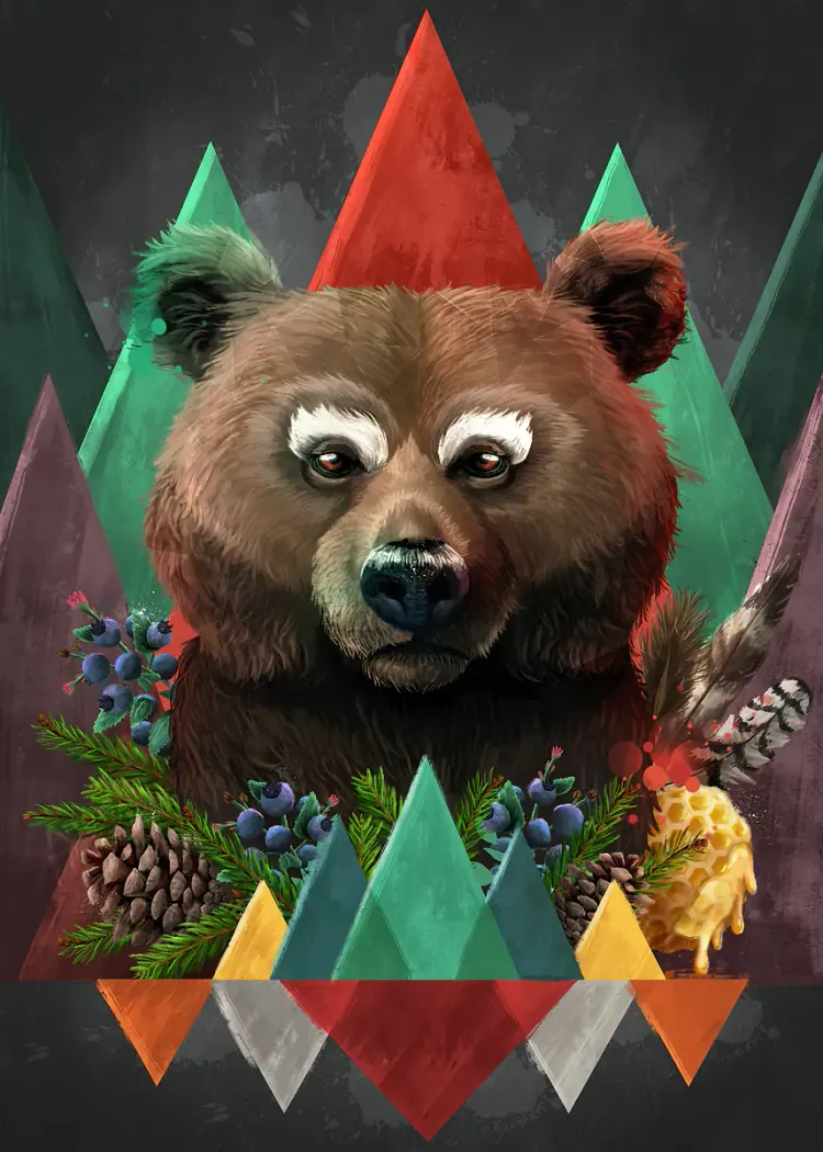 lumi-boards-art-e6322ff7b1f348be-1.webp LumiPoster — A bear between the triangles of the forest - Image 1